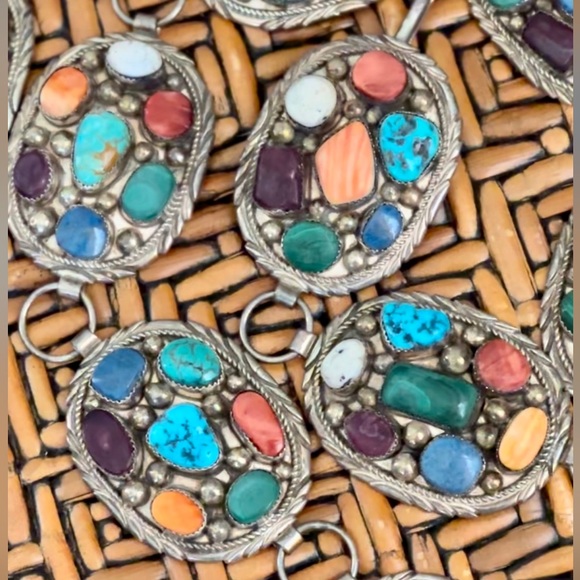 Signed Navajo multi stone Sterling Silver Concho belt - Picture 4 of 16